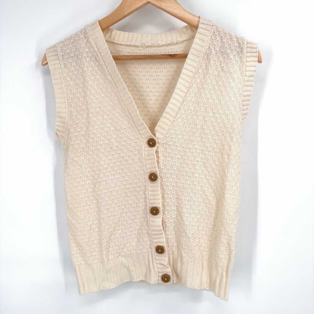 Vintage 90s Cream Knit Sweater Vest Womens Small Button‎ Cottage Light Academia
